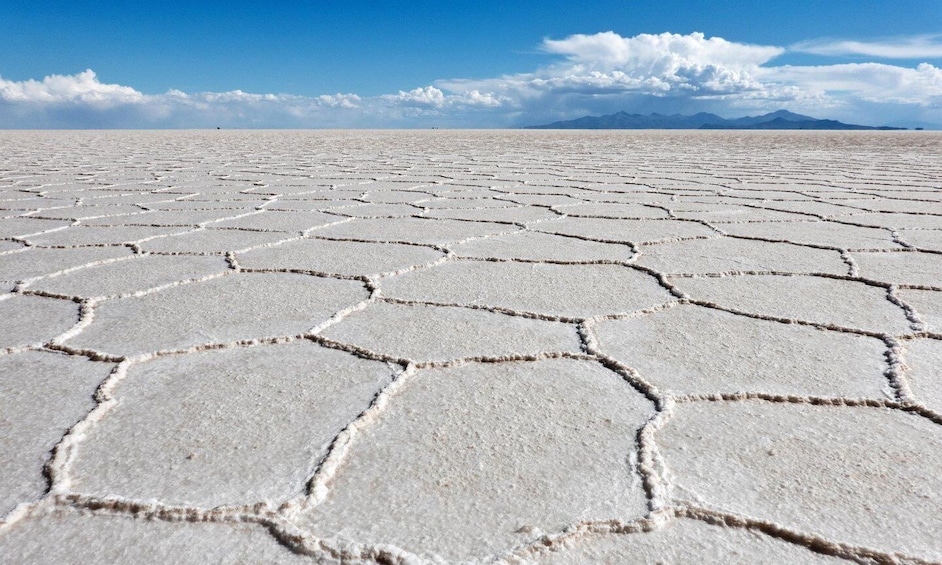 A vast salt flat with hexagonal patterns under a clear sky. 2