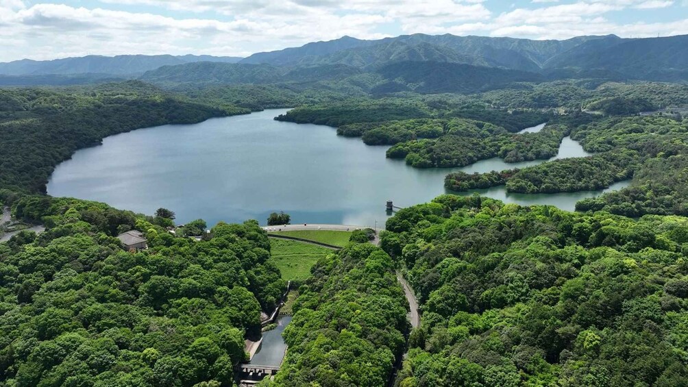 A lake surrounded by dense forest and mountains. 5
