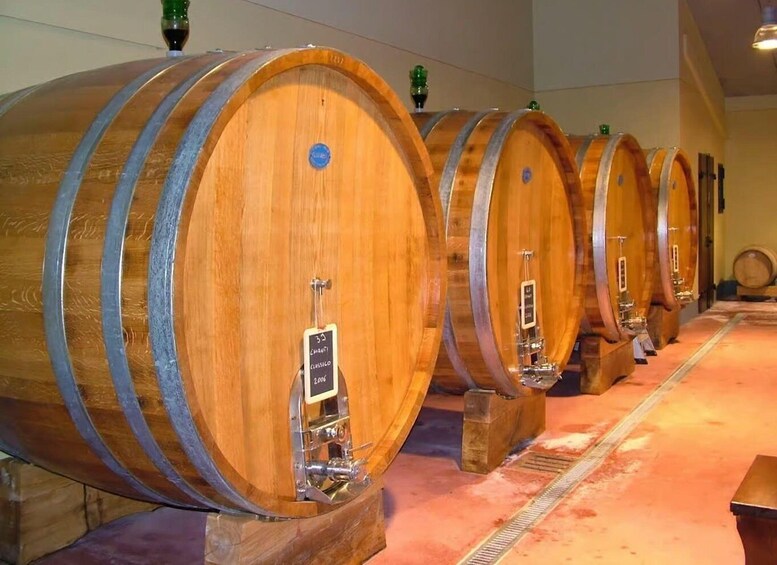 A row of wooden wine barrels with metal bands and labels, arranged in a warehouse. 2