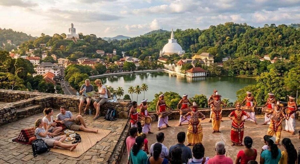 A cultural performance by a group of dancers in traditional attire, with a scenic backdrop of a lake, a white-domed temple, and surrounding greenery. 3