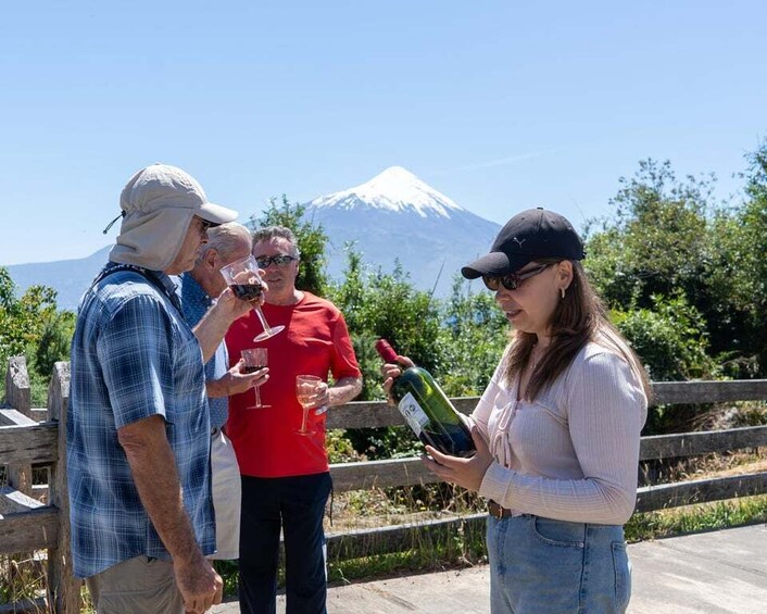 A group of people standing outdoors with a mountain in the background. 4