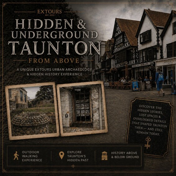 A promotional poster for Taunton's hidden and underground tours, featuring historic architecture and outdoor walking experiences. 1