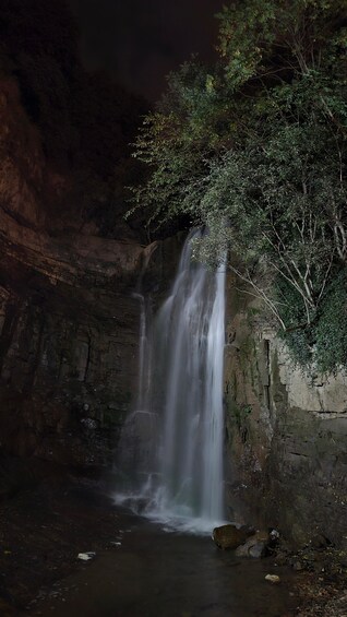 A waterfall cascading down a rocky cliff surrounded by dense foliage. 2