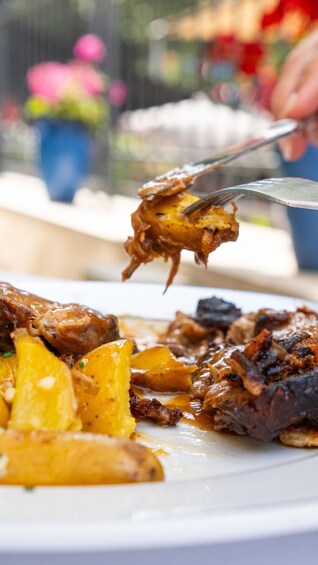 A close-up of a meal with roasted potatoes and meat being served with a fork. 4