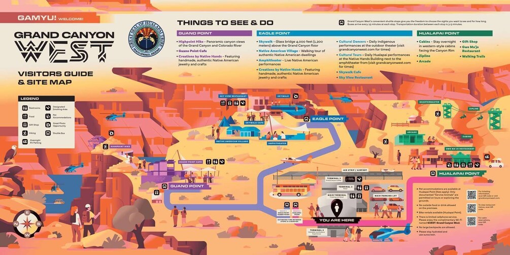 A visitors guide and site map for Grand Canyon West, highlighting points like Guano Point, Eagle Point, and Hualapai Point with activities like hikes, cultural performances, and dining options. 5