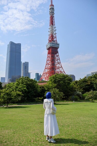 A person in a white dress and blue hat standing in a grassy field, looking at a red and white tower in the distance. 2