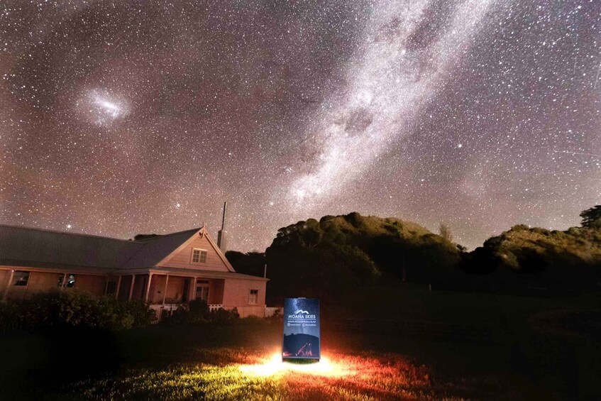 A house under a starry sky with a signboard in front. 1