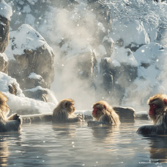 Snow-covered rocks and hot spring water with monkeys. 4