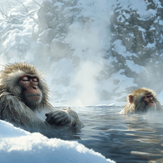 Two snow monkeys in a hot spring surrounded by snow-covered trees. 1