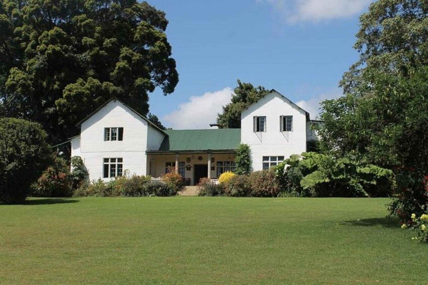 A white two-story house with a green roof, surrounded by a well-maintained lawn and dense trees. 5