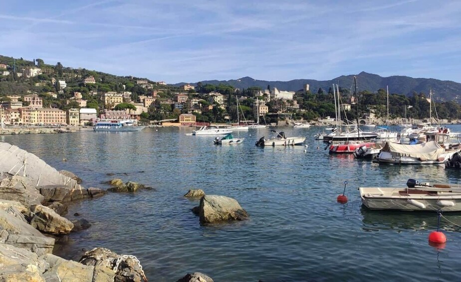 A coastal town with boats docked, rocky shoreline, and buildings in the background. 2