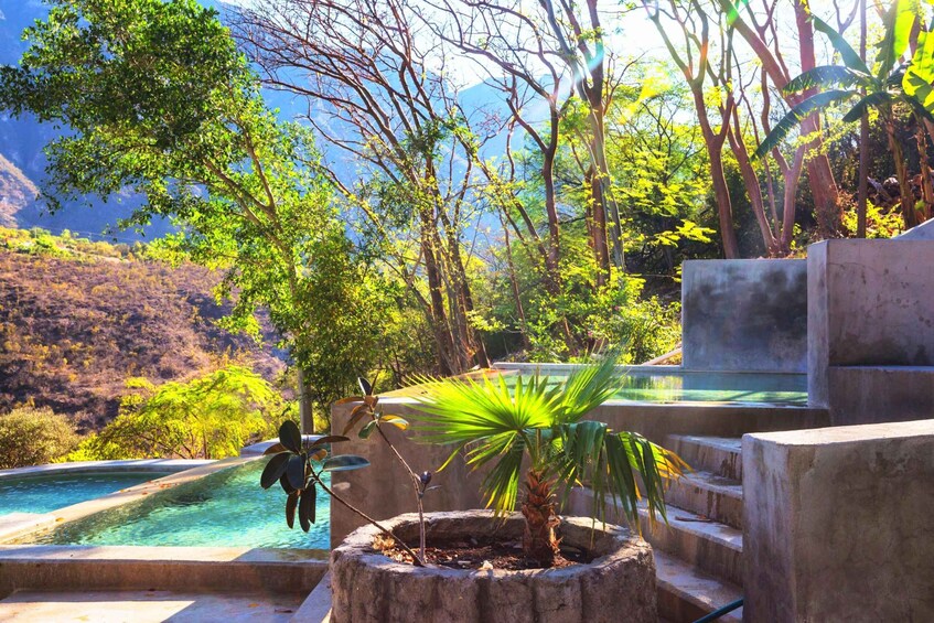 A pool surrounded by tropical plants and a mountainous landscape. 2