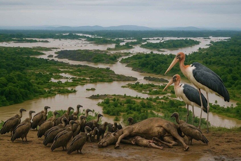 A group of birds, including storks and vultures, gathered by a riverbank with a lush green landscape in the background. 2