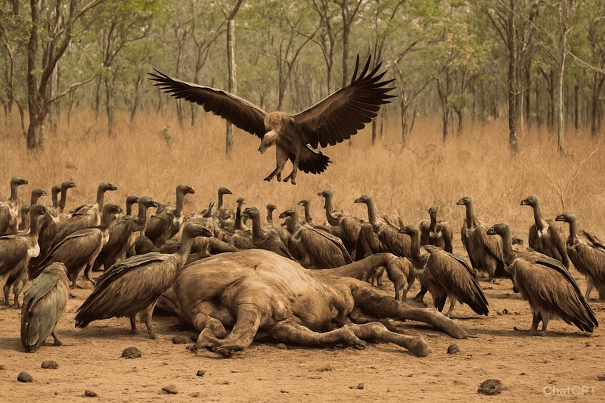 A large group of vultures gathered around a carcass with a single eagle flying above. 3