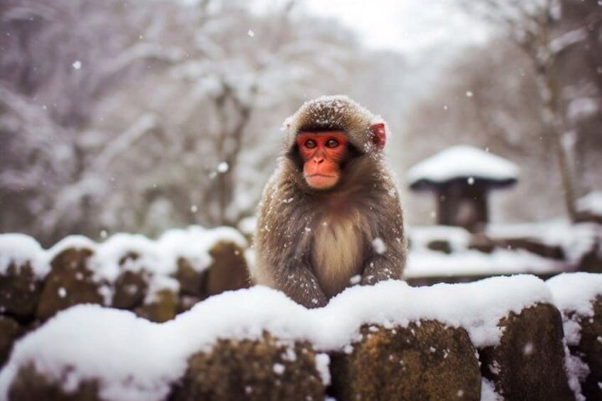 A monkey sitting on rocks with snow. 1