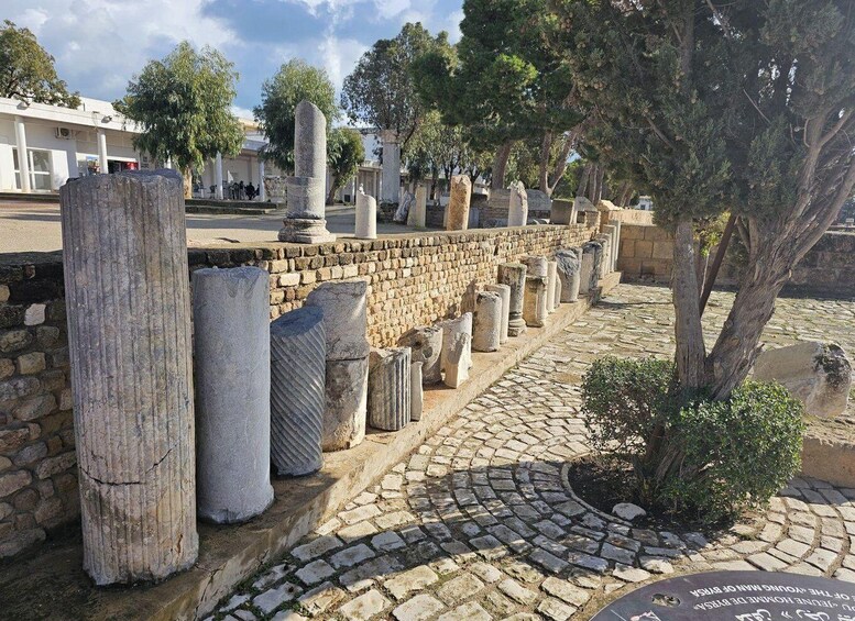 Ancient stone columns and a cobblestone pathway. 5