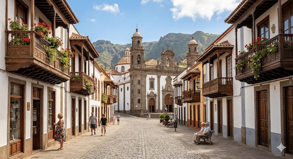 A cobblestone street lined with historic buildings, a church with two bell towers, and mountains in the background. 5