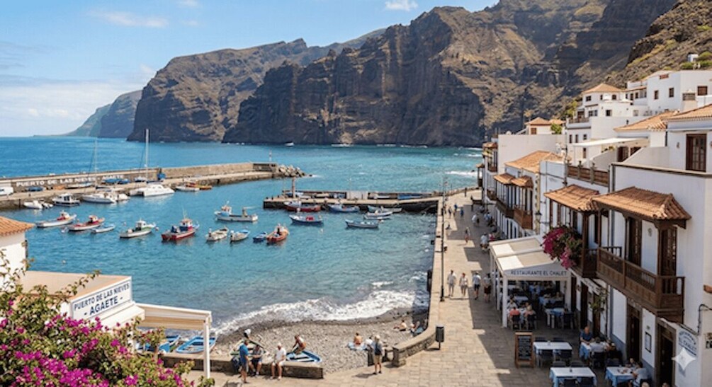 A coastal town with boats docked at a pier, a rocky mountain backdrop, and buildings along the waterfront. 2