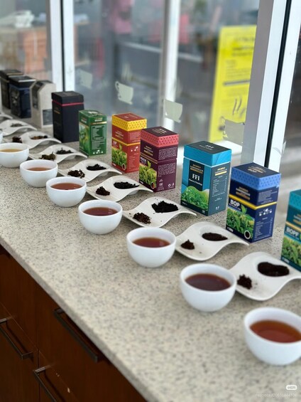A display of tea products with boxes and cups on a countertop. 2