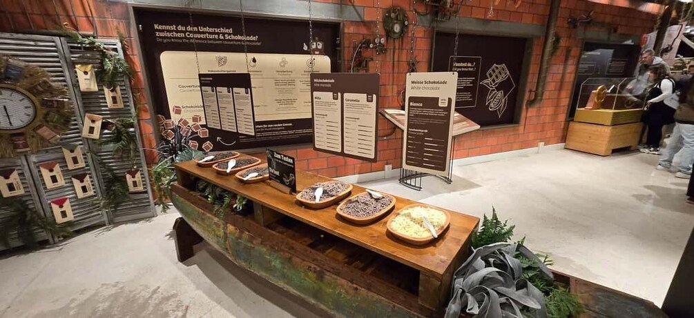 A chocolate tasting station with various chocolate samples and informational signs. 5