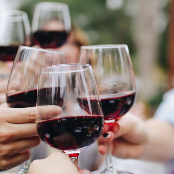 A group of people holding wine glasses filled with red wine. 3