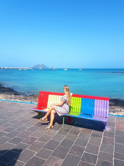 A woman sitting on a colorful bench by the sea. 2