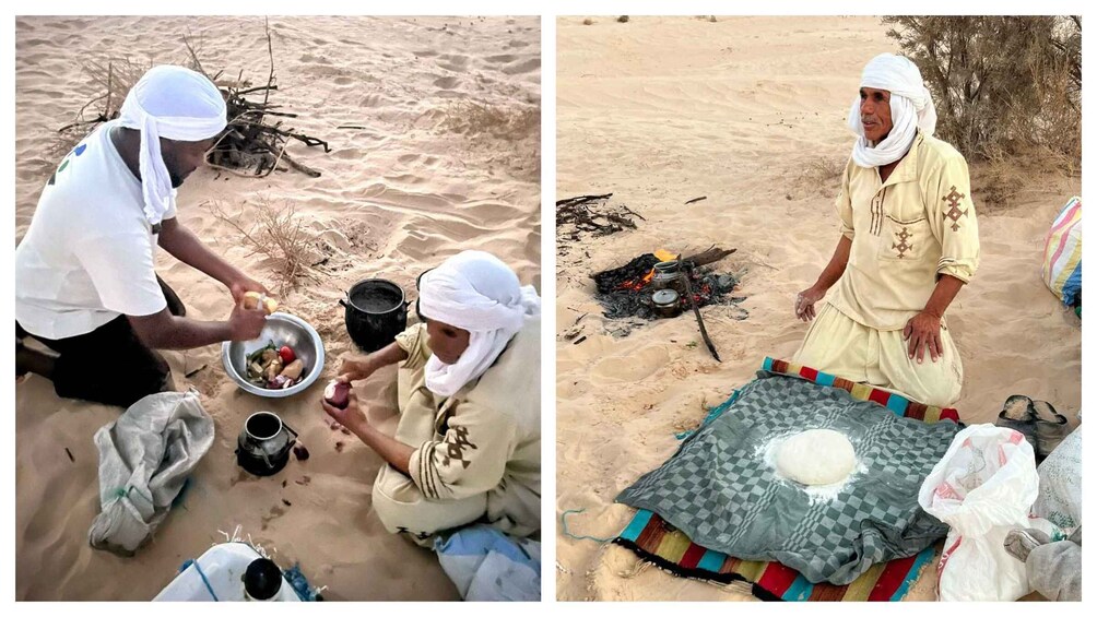 Two men in a desert setting, one preparing food and the other standing by a fire. 5