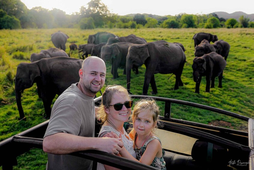 A family in a vehicle with elephants in the background. 2