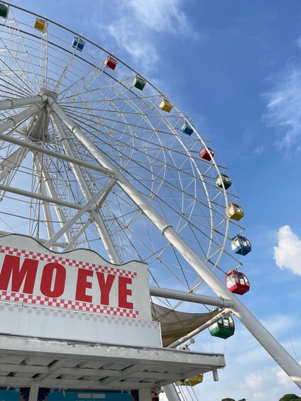 A Ferris wheel with cabins in red, blue, green, and yellow colors, and a sign that reads 'MOEYE'. 1