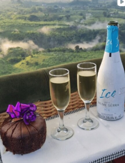 A bottle of Ice Laume Serra Ice, two glasses of champagne, and a chocolate cake with a purple bow on a table with a scenic view. 4