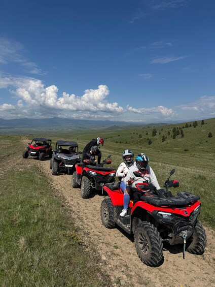 A group of people on ATVs on a dirt path in a grassy field with mountains in the background. 2