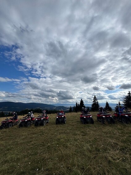 A group of people on quad bikes in a grassy field with mountains in the background. 5