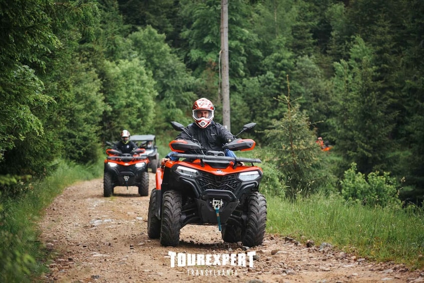 Two off-road vehicles on a dirt path surrounded by dense forest. 4