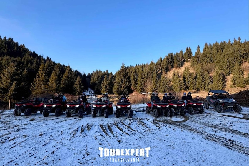 A group of ATVs parked on a snow-covered field with a forested hillside in the background. 5