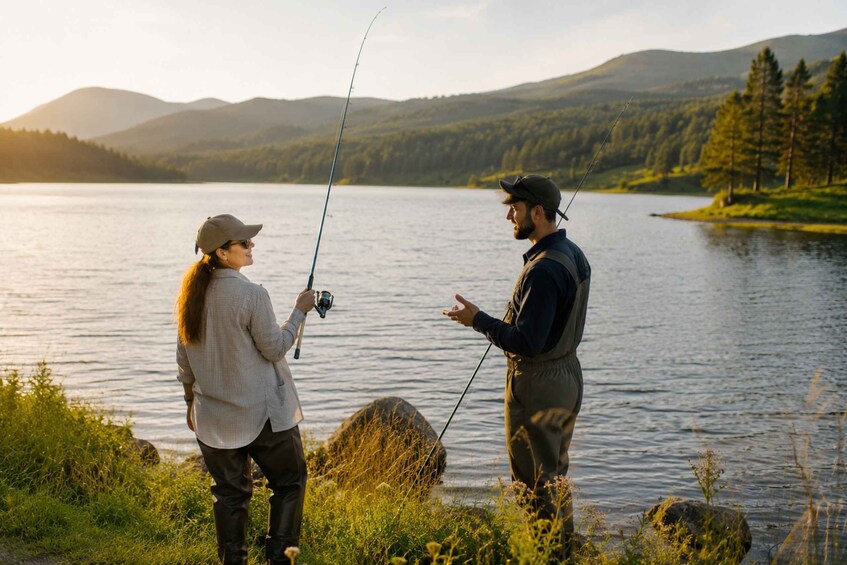 Two people fishing by a lake with mountains in the background. 3