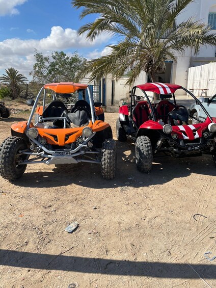 Two off-road vehicles parked on a dirt surface with palm trees and a building in the background. 4
