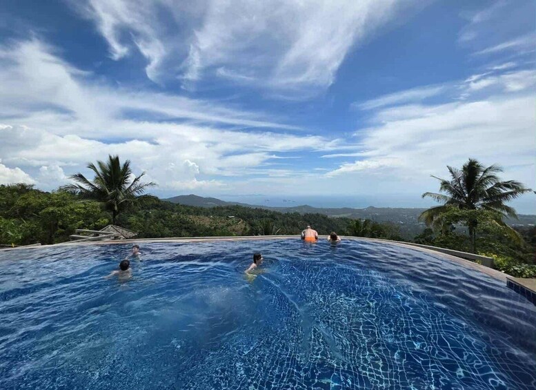 A swimming pool with people in it, surrounded by palm trees and a view of the ocean and mountains. 1