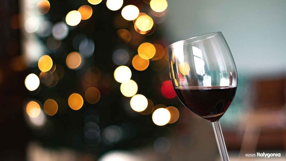 A glass of red wine with a blurred background of bokeh lights. 5