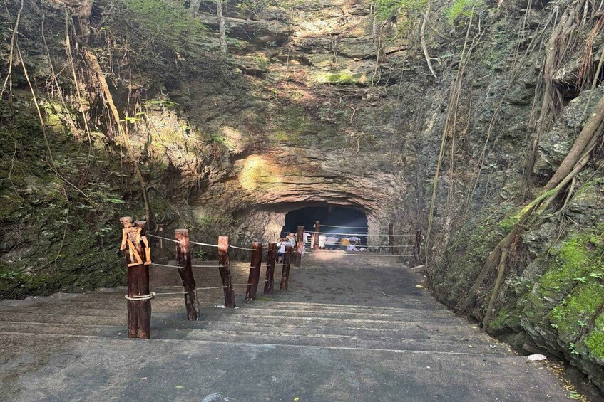 A tunnel entrance with wooden posts and ropes, surrounded by greenery and rocky terrain. 3