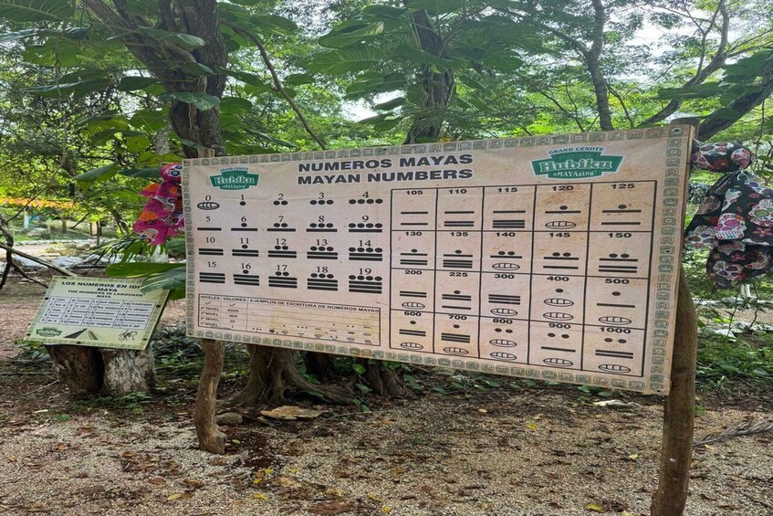 A signboard displaying Mayan numbers with corresponding glyphs. 4