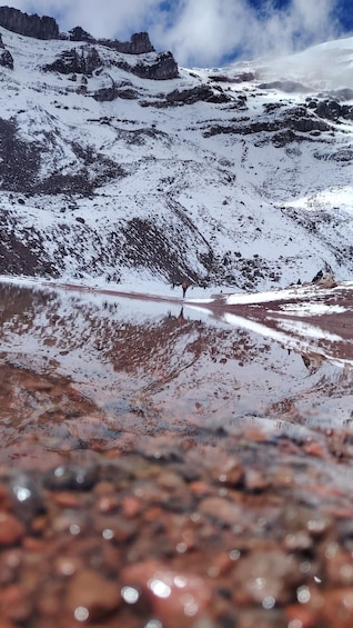 A snowy mountain landscape with a reflective water body and a group of people in the distance. 3