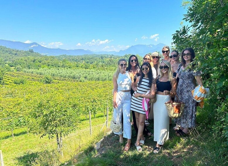 A group of people standing in a vineyard with a mountainous landscape in the background. 2