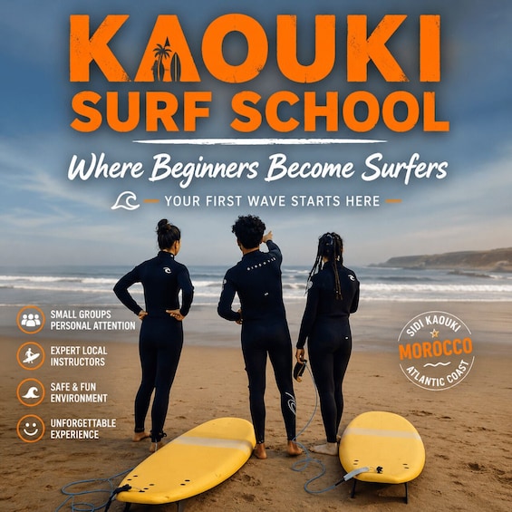 A surf school named Kaouki on the Moroccan Atlantic Coast, featuring small groups, expert local instructors, a safe and fun environment, and an unforgettable experience. 1