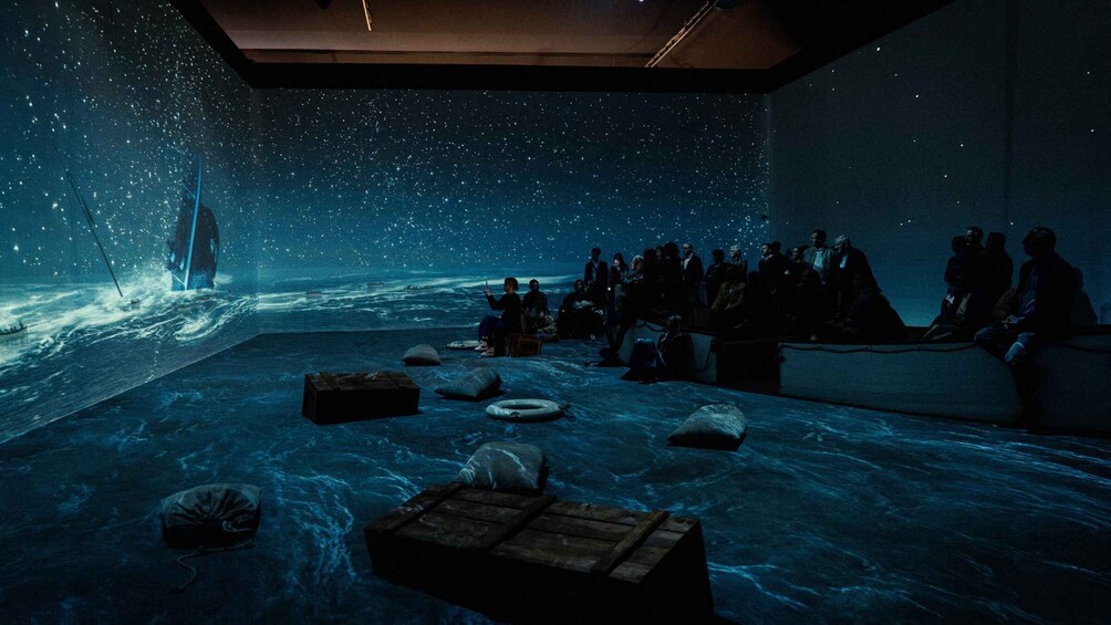 A starry night scene with a shipwreck and people observing. 2