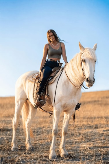 A person riding a white horse in a dry grass field. 1