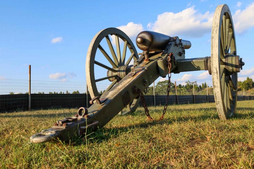A cannon on a grassy field with a fence in the background. 2