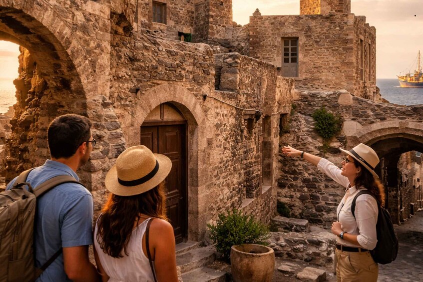 A group of people exploring a stone building with an arched doorway and a view of the sea. 1