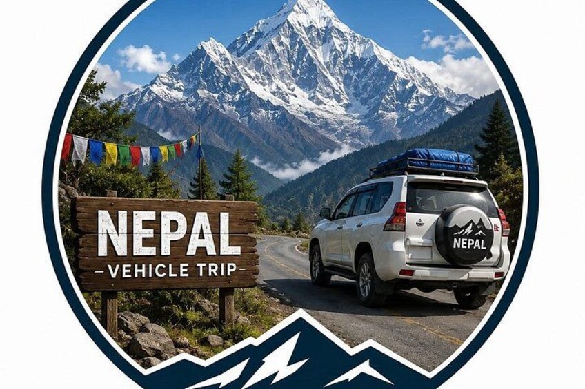A vehicle with a sign reading 'NEPAL VEHICLE TRIP' and a mountainous landscape in the background. 3