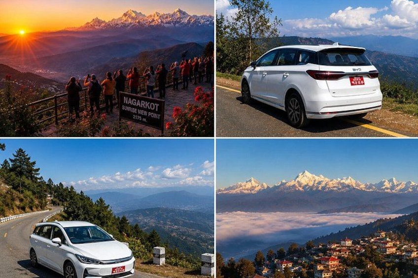 A white SUV at Nagarkot Sunrise View Point, a scenic mountain road, and a village with snow-capped peaks. 1