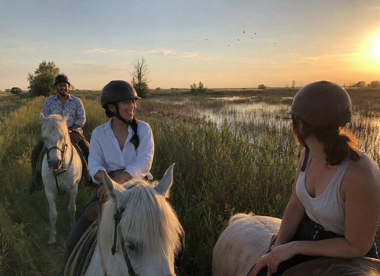 Three people on horseback in a grassy field with a sunset in the background. 3
